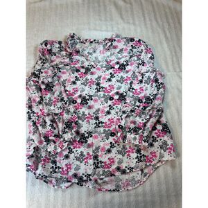 Cato Women’s Floral Ruffle Neck Long Sleeve Blouse Rayon Boho Chic L